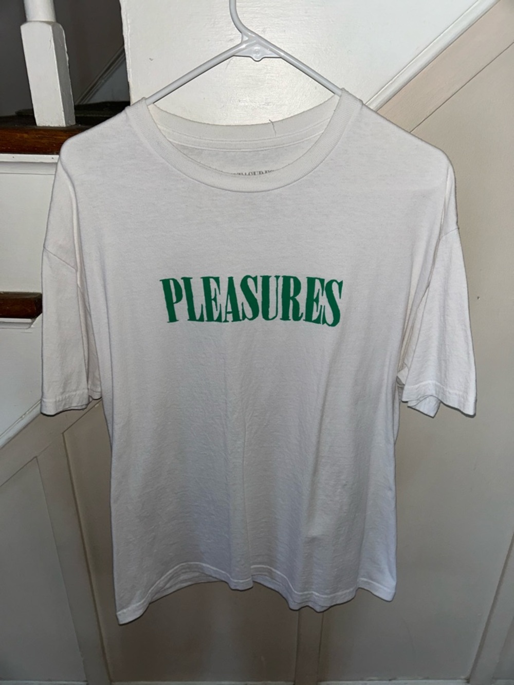 PLEASURES - Men’s Large - White Graphic Tee with Green Logo